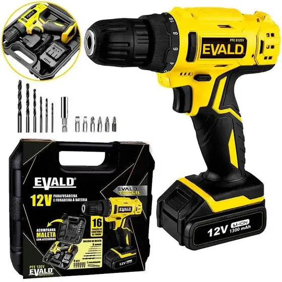 Parafusadeira e Furadeira à Bateria 12V Bivolt PFE-12EV com Maleta e Kit EVALD