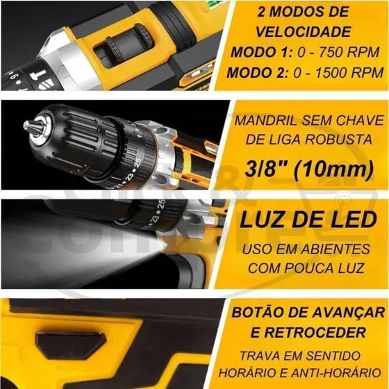 Parafusadeira Furadeira Impacto Ferramenta Elétrica Profissional 2 Baterias 21v Bivolt Alta Performance Maleta e Acessorios - 110V/220V