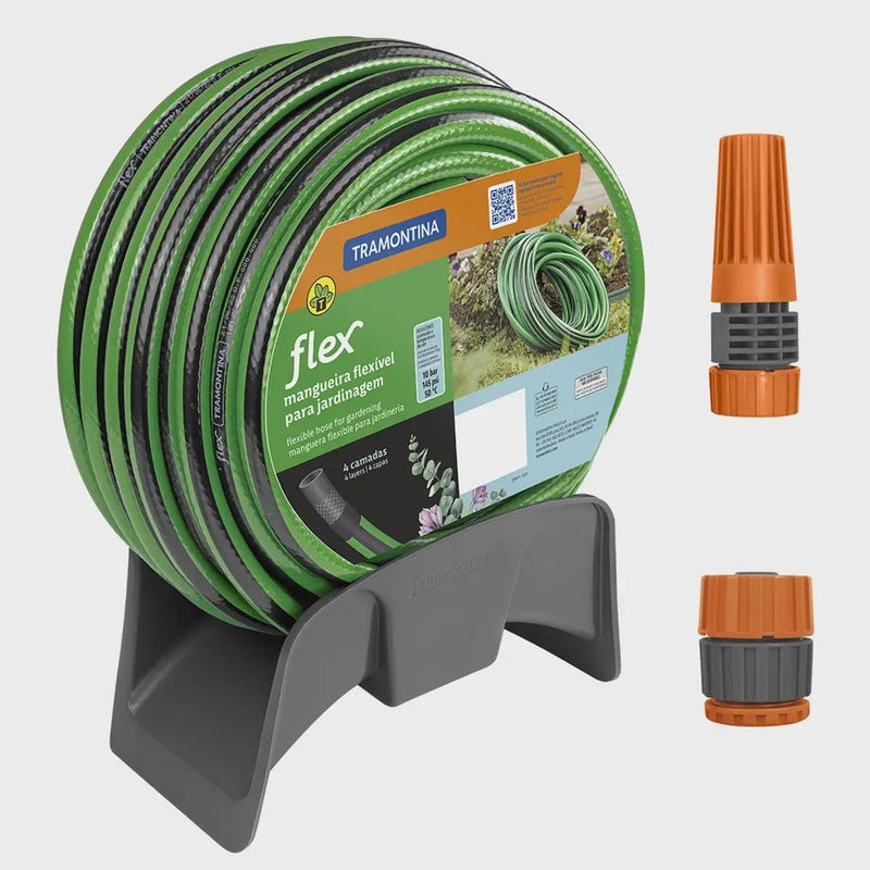 Mangueira Flex Jardim Flexível 25 Metros Com Suporte + Engate Rosqueado E Esguicho Tramontina