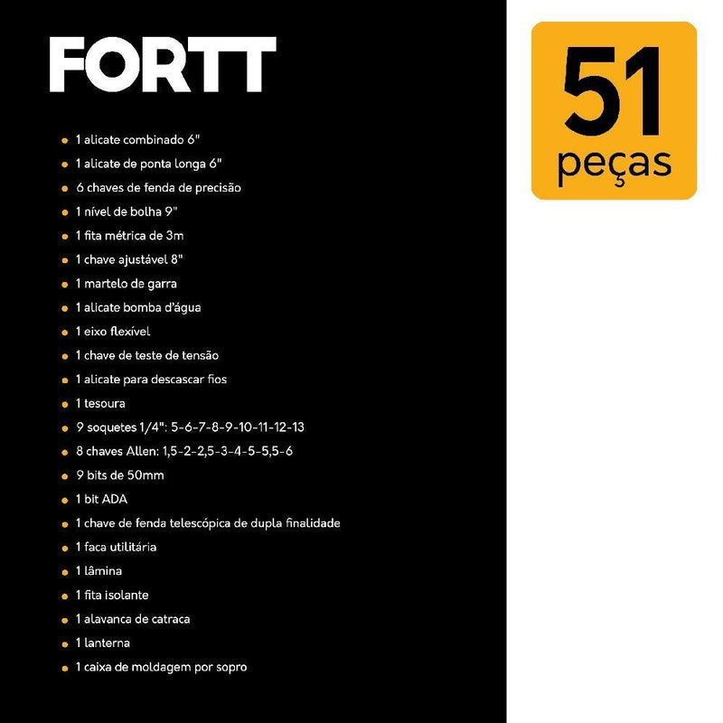 Kit Maleta Jogo de Ferramentas 51 peças Fortt Preto - KMF002-P