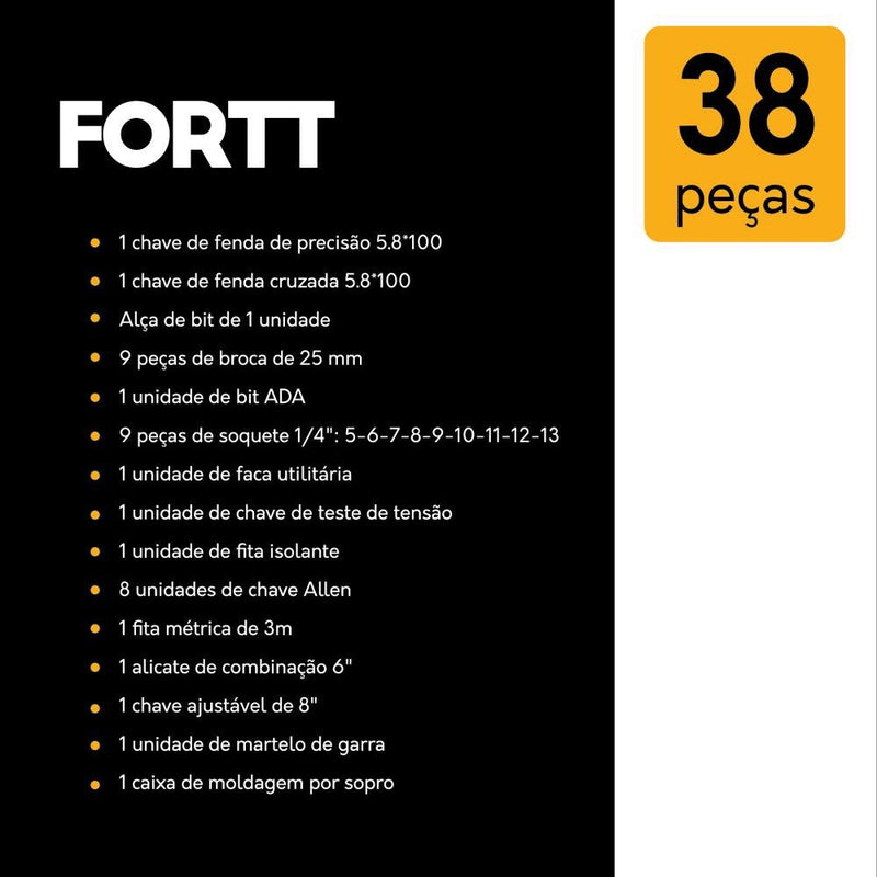 Kit Maleta Jogo de Ferramentas 38 peças Fortt Preto - KMF001-P