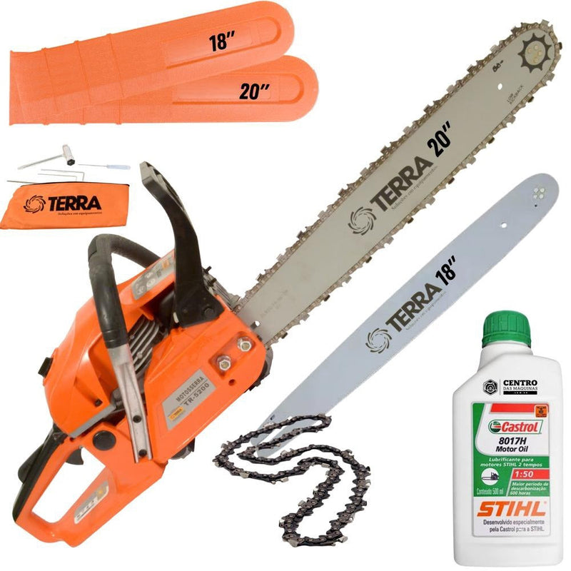 Moto Serra Motosserra á Gasolina Terra MT520 MT-520 2T 52cc 2,5HP Com 02 Sabres Ponta Rolante + óleo stihl 2T Motor Serra Leve e de Alto Desempenho Ideal Para Carpintaria Profissional
