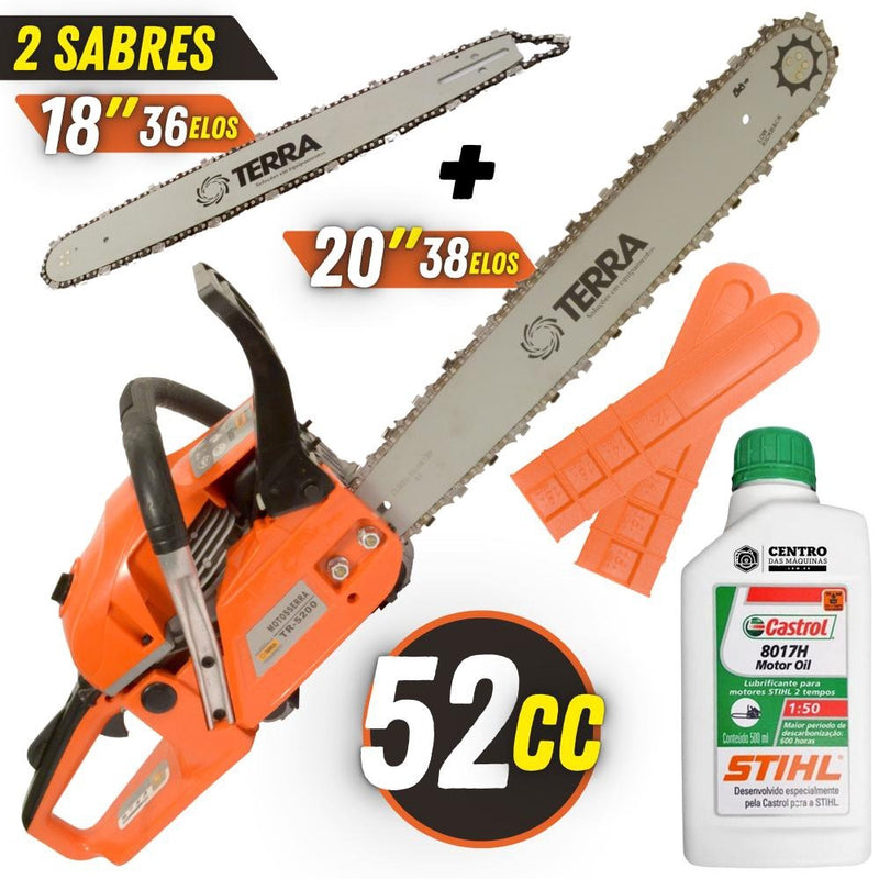 Moto Serra Motosserra á Gasolina Terra MT520 MT-520 2T 52cc 2,5HP Com 02 Sabres Ponta Rolante + óleo stihl 2T Motor Serra Leve e de Alto Desempenho Ideal Para Carpintaria Profissional
