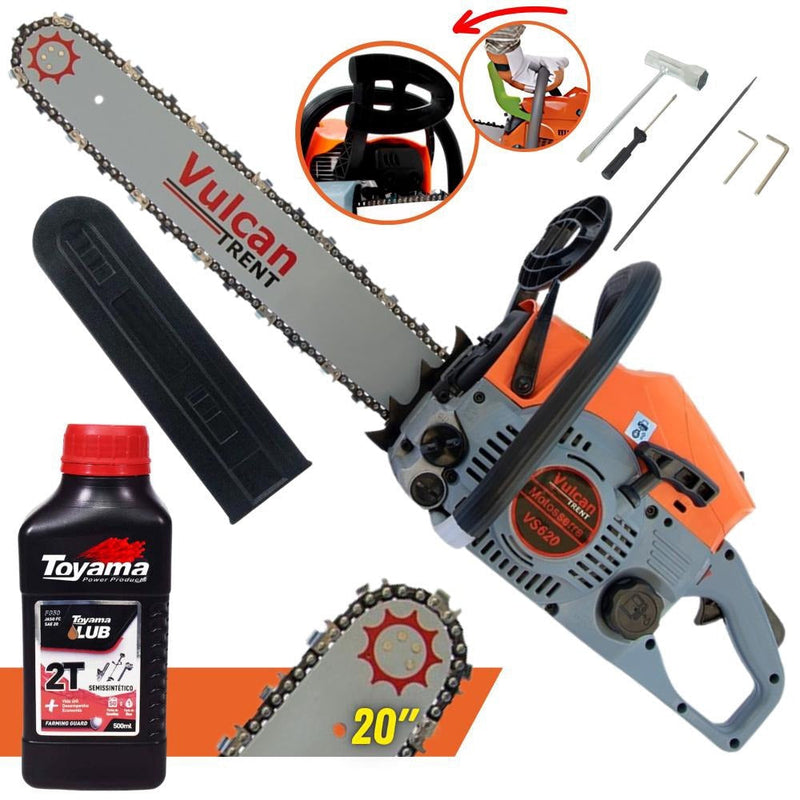 Moto Serra Motosserra á Gasolina Vulcan VS-620 2T 62cc 4HP Com 20 Polegadas Ponta Rolante Robusta e Estrutura Resistente + óleo toyama 2 tempos FG50 500ML