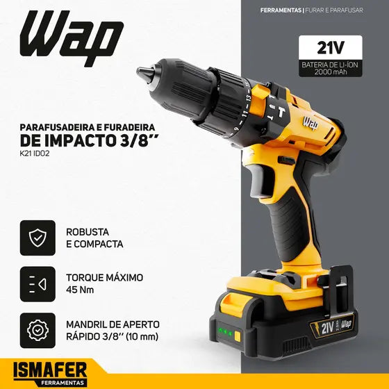 Furadeira Parafusadeira Sem Fio Bateria 21v Wap K21 + Maleta