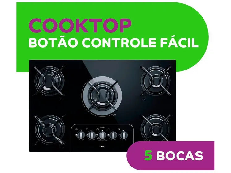 Cooktop 5 Bocas a Gás GLP Consul Vidro Temperado - Preto Acendimento Automático Facilite
