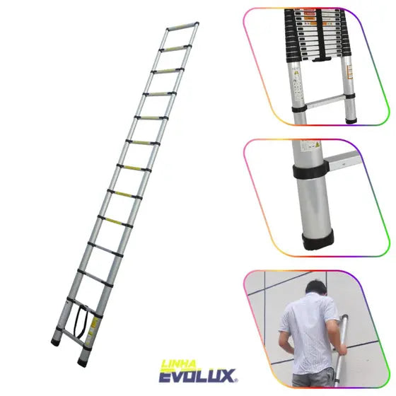 Escada Telescópica Evolux 12 degraus 3,8mAlto Alcançe Fácil Armazenagem e Transporte Sapata de Borracha Trava de Degraus - LinhaEvolux