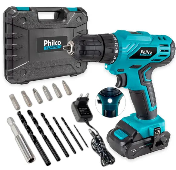 Furadeira Parafusadeira Sem Fio De 10mm Philco Ppf12m 12v + Acessório 110v/220v
